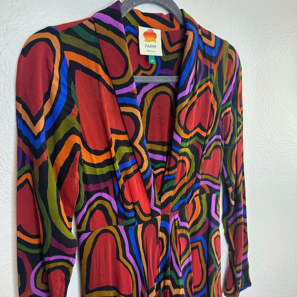 Farm Rio Rainbow Wild Hearts Maxi Dress‎ Heart Print V-Neck Long Sleeve Size XS - Picture 4 of 10